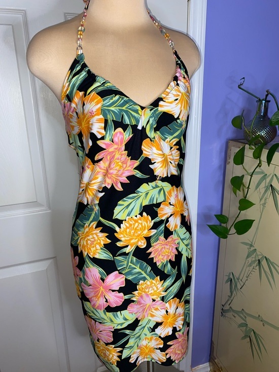 Derek Heart Dresses & Skirts - Derek Heart Black Halter Mini Dress with Warm Tropical Blooms, Hot Summer